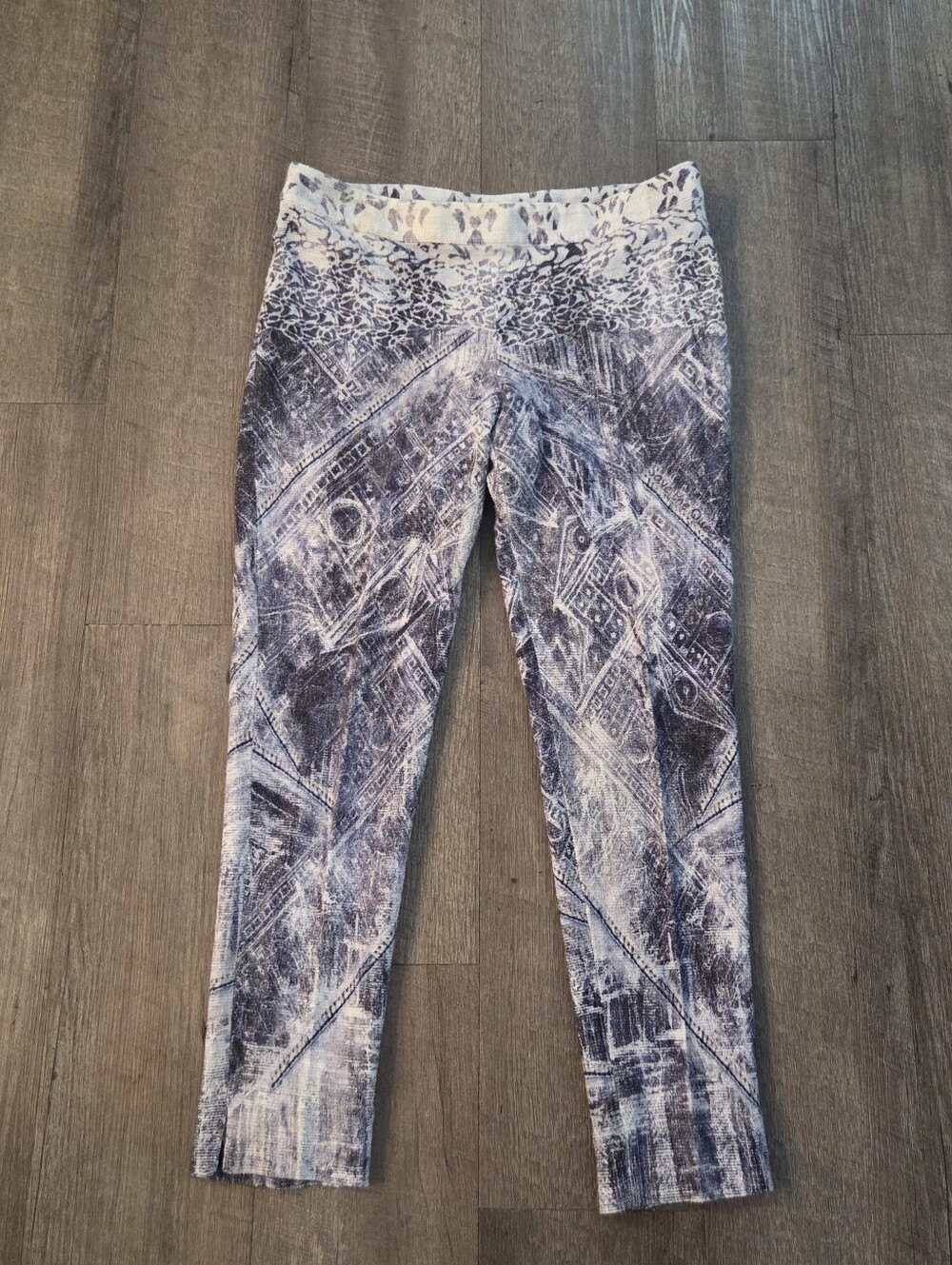 Save the Queen Sz L Italian Art-to-Wear Abstract Slim Pants Lavender/ Grey/White
